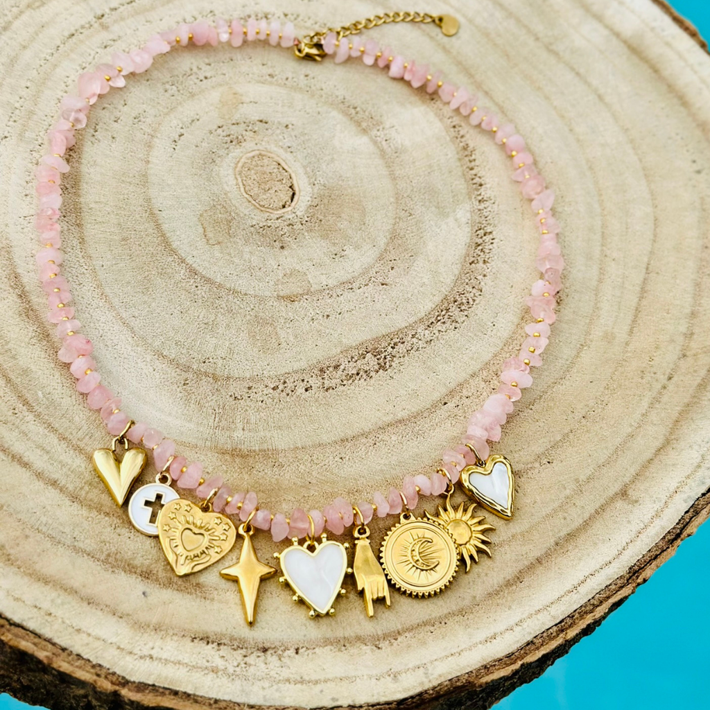 Collier multi pampilles AMOUR en Quartz Rose