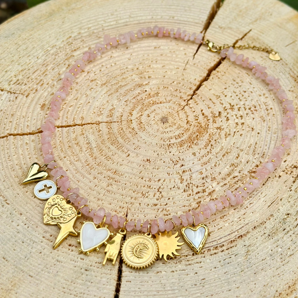 Collier multi pampilles AMOUR en Quartz Rose