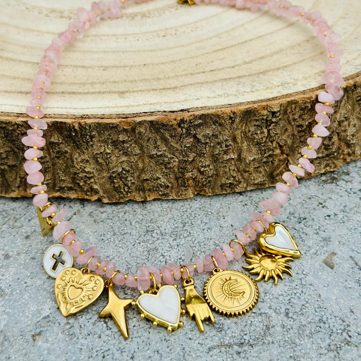 Collier multi pampilles AMOUR en Quartz Rose