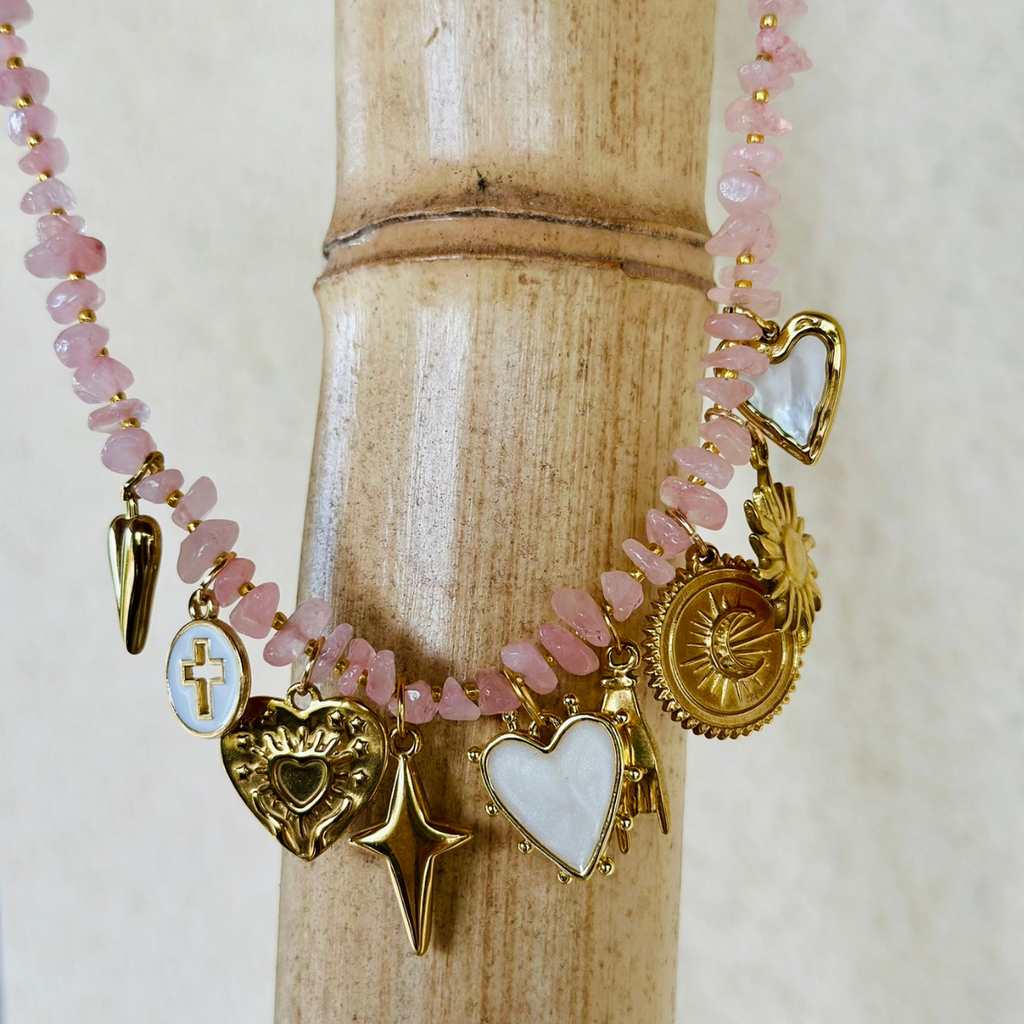 Collier multi pampilles AMOUR en Quartz Rose