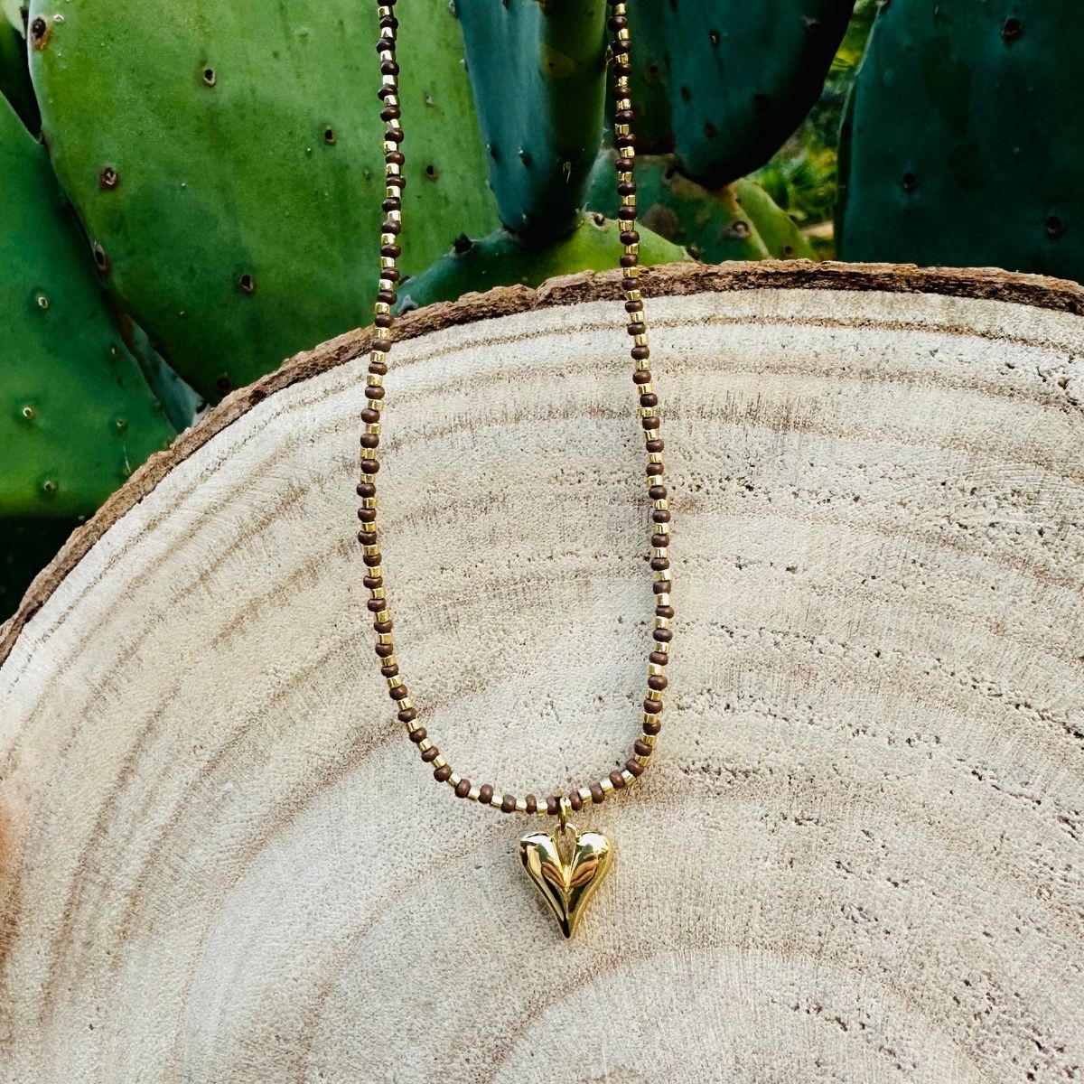 Collier perles chocolat AMOUR - Pampille Cœur doré