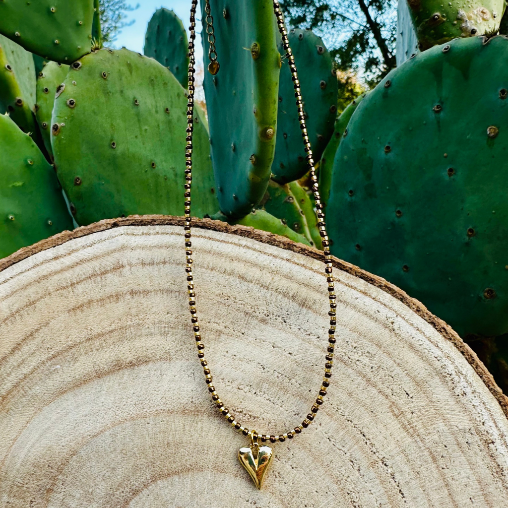 Collier perles bronze AMOUR - Pampille Coeur doré