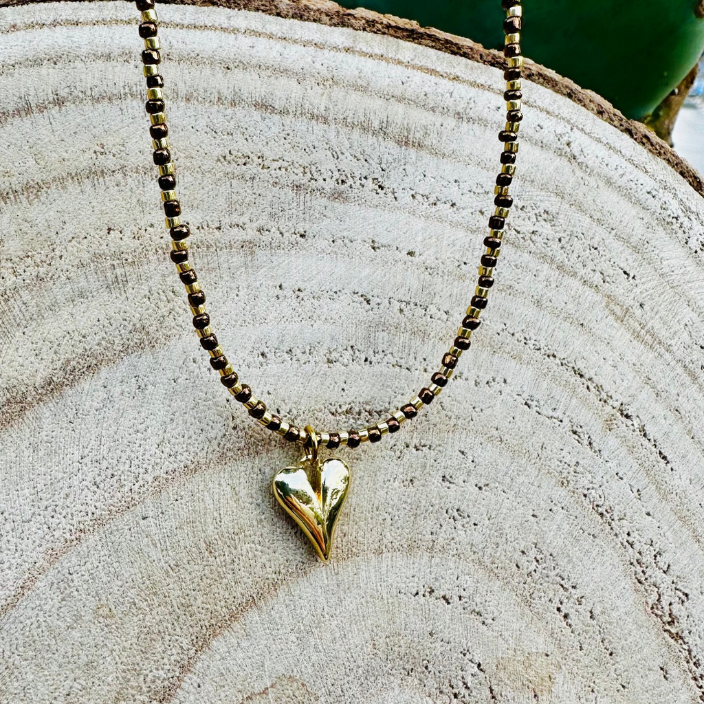 Collier perles bronze AMOUR - Pampille Coeur doré