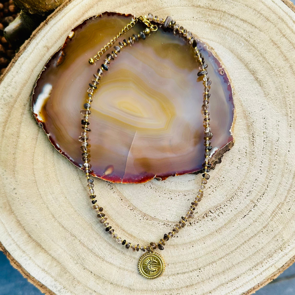 Collier solo pampille ASTRAL en Quartz fumé - Pampille Médaillon lune