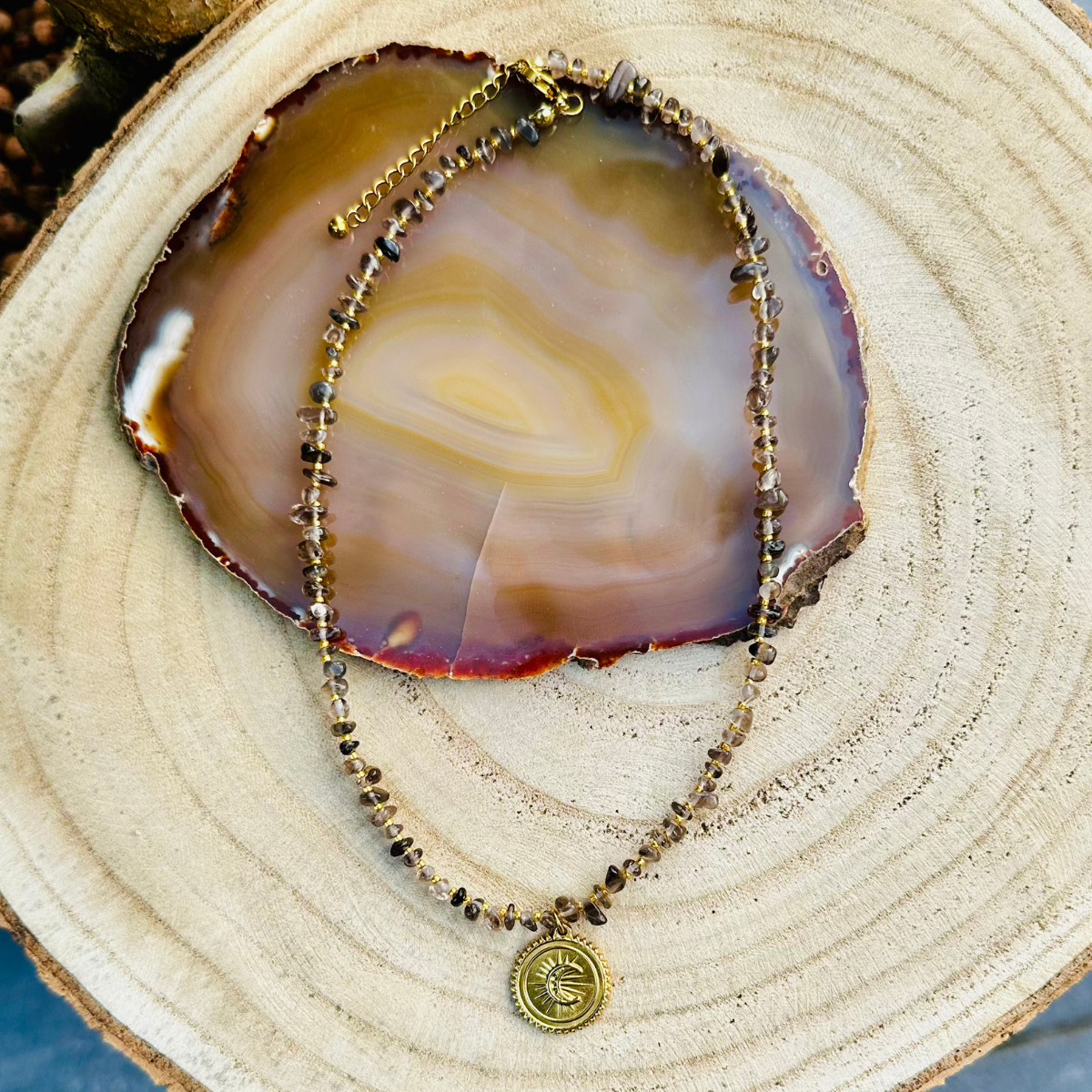 Collier solo pampille ASTRAL en Quartz fumé - Pampille Médaillon lune