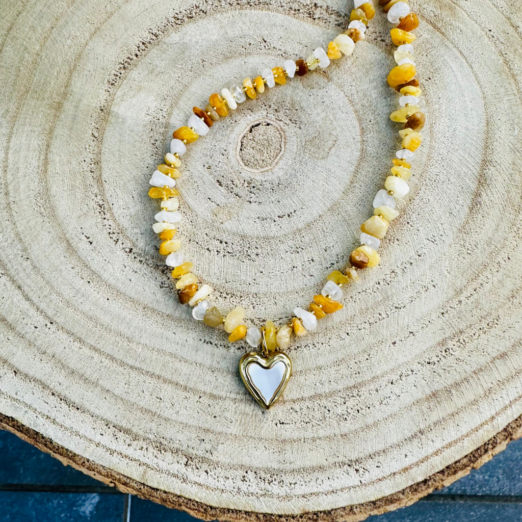 Collier solo pampille AMOUR en Aventurine jaune - Pampille Cœur nacré